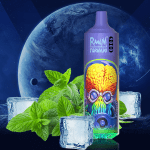 Random Tornado 9000 vape with an alien brain design, glowing yellow and green, surrounded by fresh mint leaves and ice cubes, offering a cool mint ice flavor.