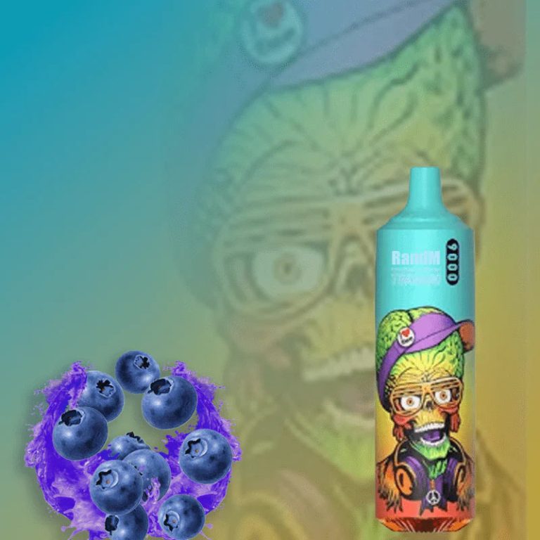 RandM Tornado 9000 puff vape with a teal-blue body, alien cartoon character in a cap and headphones, and splashing blueberries