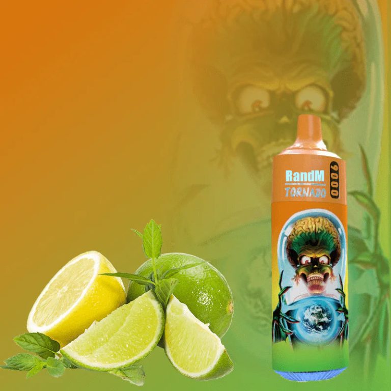 RandM Tornado 9000 puff vape in orange-green gradient design with alien head graphic and fresh lime and mint flavor profile