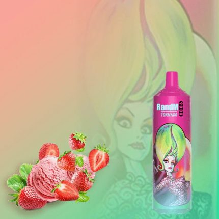 RandM Tornado 9000 puff vape with green-haired cartoon design, surrounded by scoops of strawberry ice cream and fresh strawberries