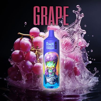 RandM Tornado grape flavor vape device with vibrant alien design, surrounded by purple grapes and juice splash