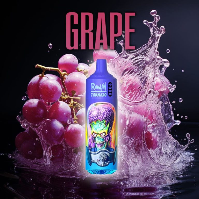 RandM Tornado grape flavor vape device with vibrant alien design, surrounded by purple grapes and juice splash