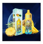 RandM Tornado Pineapple vape with sci-fi character design, next to a pineapple fruit and product box on a galactic blue background