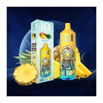 RandM Tornado Pineapple vape with sci-fi character design, next to a pineapple fruit and product box on a galactic blue background