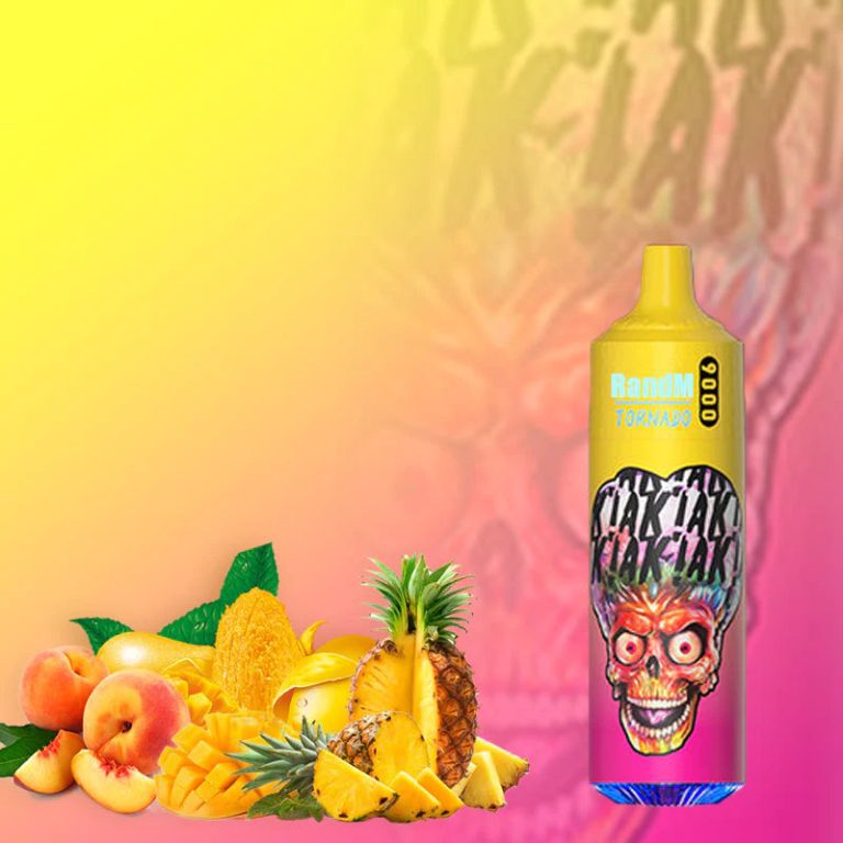 RandM Tornado 9000 yellow and pink vape with alien design, surrounded by peach, mango, and pineapple fruits on a tropical gradient background