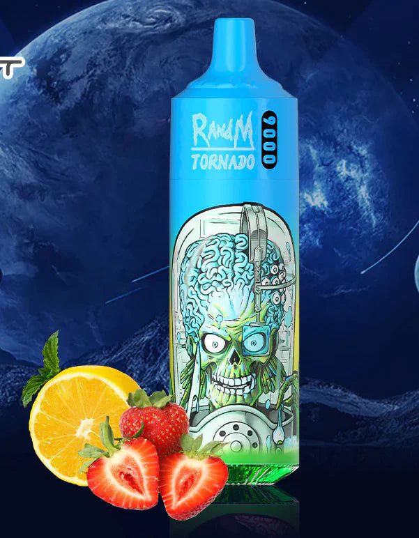 RandM Tornado 9000 puff vape in blue casing with a cyborg alien design, surrounded by fresh strawberries and orange slices, set against a galactic background.