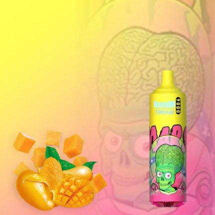 RandM Tornado 9000 yellow vape with green alien illustration, surrounded by fresh and cubed mango pieces on a vibrant yellow background