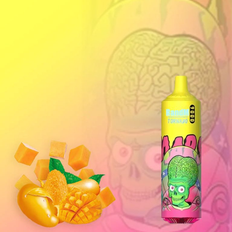 RandM Tornado 9000 yellow vape with green alien illustration, surrounded by fresh and cubed mango pieces on a vibrant yellow background