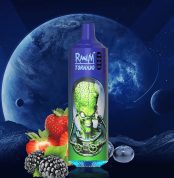 Blue and green RandM Tornado 9000 vape featuring green alien brain design, with strawberries, blackberries, and blueberries on a space background
