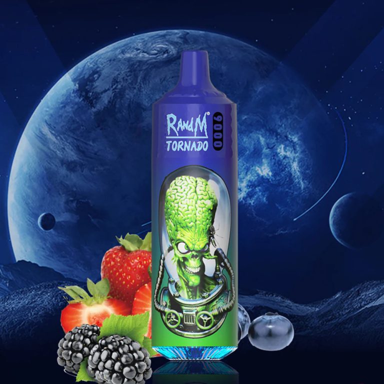 Blue and green RandM Tornado 9000 vape featuring green alien brain design, with strawberries, blackberries, and blueberries on a space background