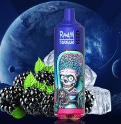 RandM Tornado 9000 dark blue vape with alien skull design, blackberries and ice cubes in a cosmic background