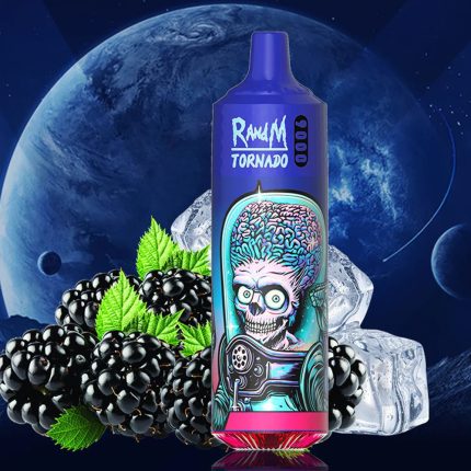 RandM Tornado 9000 dark blue vape with alien skull design, blackberries and ice cubes in a cosmic background