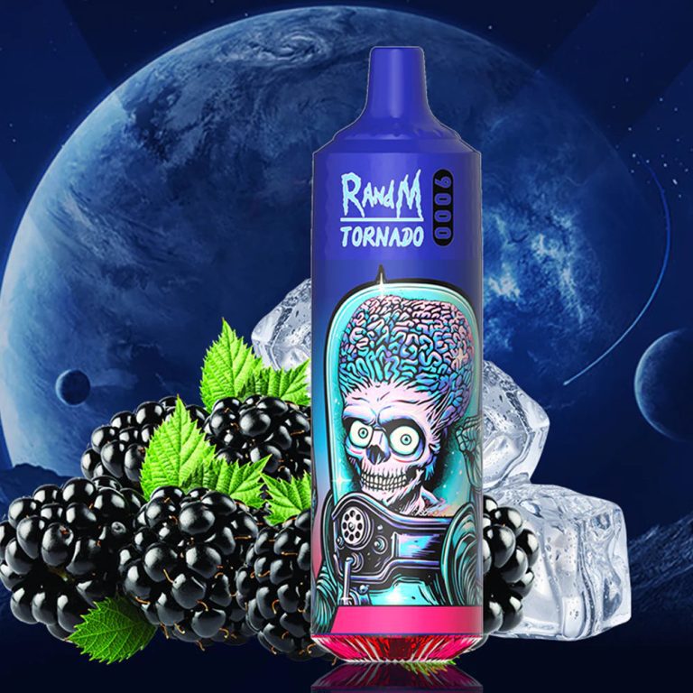 RandM Tornado 9000 dark blue vape with alien skull design, blackberries and ice cubes in a cosmic background