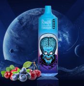 RandM Tornado 9000 vape with blue alien design and flavors of cherry and blueberry on a space-themed background