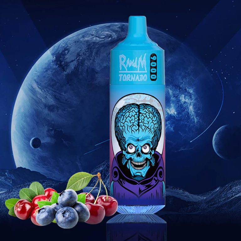 RandM Tornado 9000 vape with blue alien design and flavors of cherry and blueberry on a space-themed background