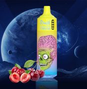 RandM Tornado 9000 disposable vape in yellow and blue gradient with pink brain alien illustration and fresh cherries on a space-themed background