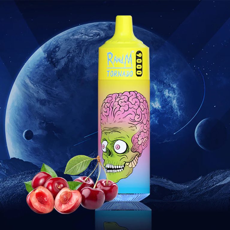 RandM Tornado 9000 disposable vape in yellow and blue gradient with pink brain alien illustration and fresh cherries on a space-themed background