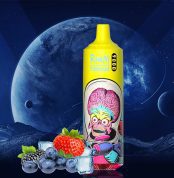 RandM Tornado 9000 yellow disposable vape with alien illustration, surrounded by blueberries, blackberries, strawberries, and ice cubes