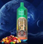 Green RandM Tornado 9000 vape with alien design and colorful jelly bean candies on cosmic background