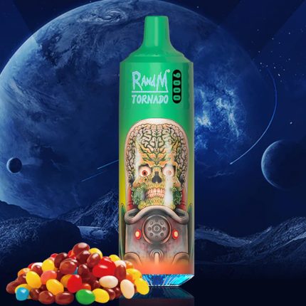 Green RandM Tornado 9000 vape with alien design and colorful jelly bean candies on cosmic background
