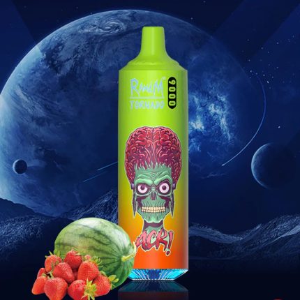 Green RandM Tornado 9000 vape with red alien face design, placed beside strawberries and a watermelon on a space background