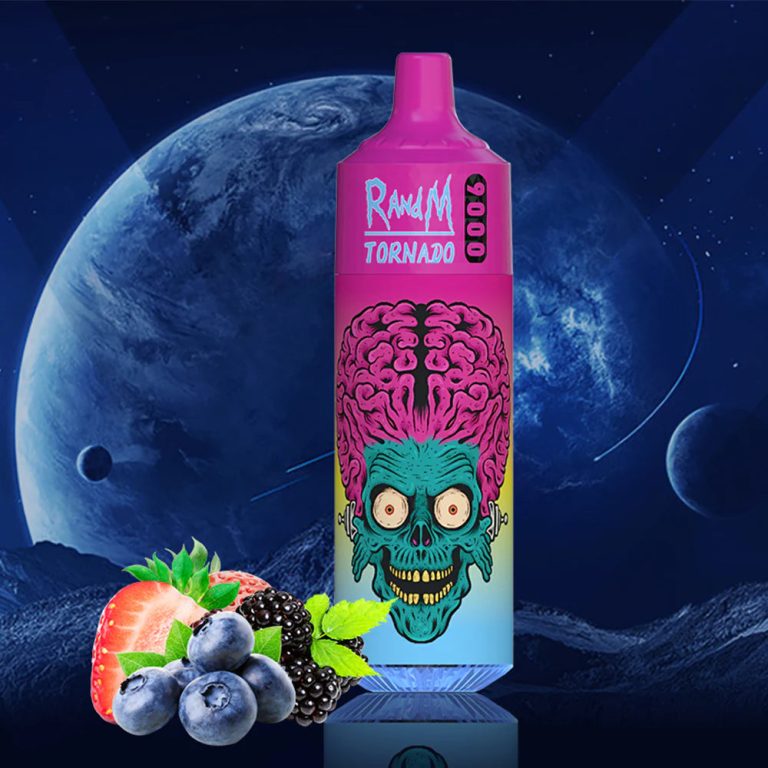 RandM Tornado 9000 vape with pink and blue alien skull design surrounded by strawberries, blueberries, and blackberries