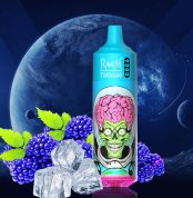 RandM Tornado 9000 vape with icy blackberry flavor, blue body, alien design, and cosmic background