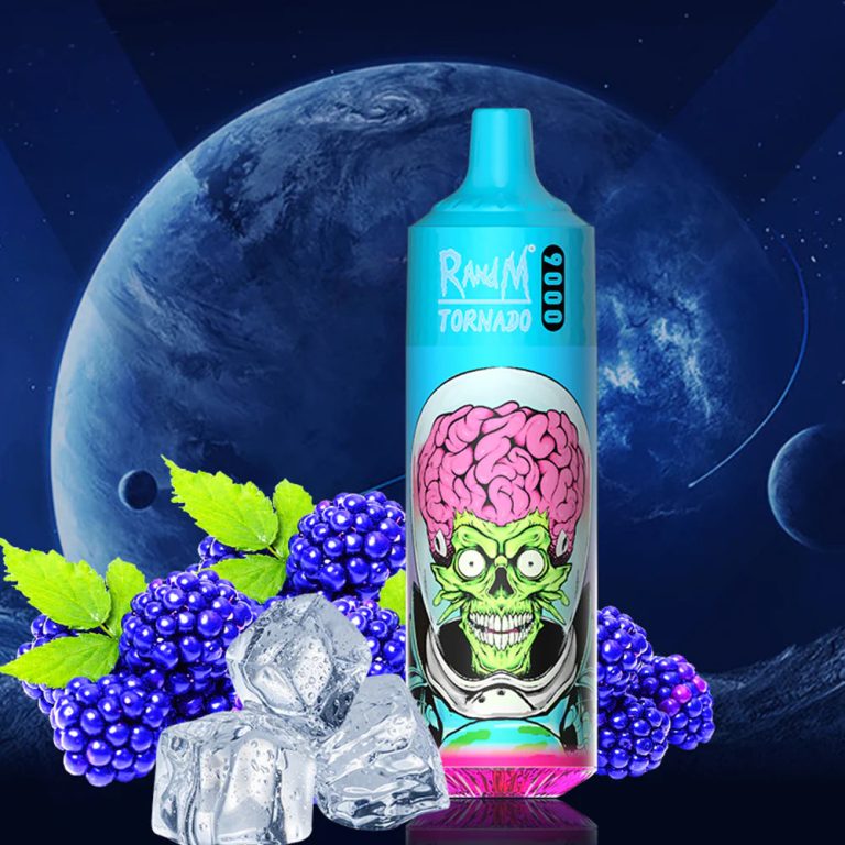 RandM Tornado 9000 vape with icy blackberry flavor, blue body, alien design, and cosmic background