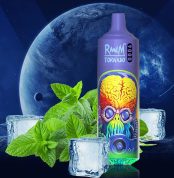 RandM Tornado 9000 mint ice flavor vape with neon alien head, ice cubes, and mint leaves on a space-themed background