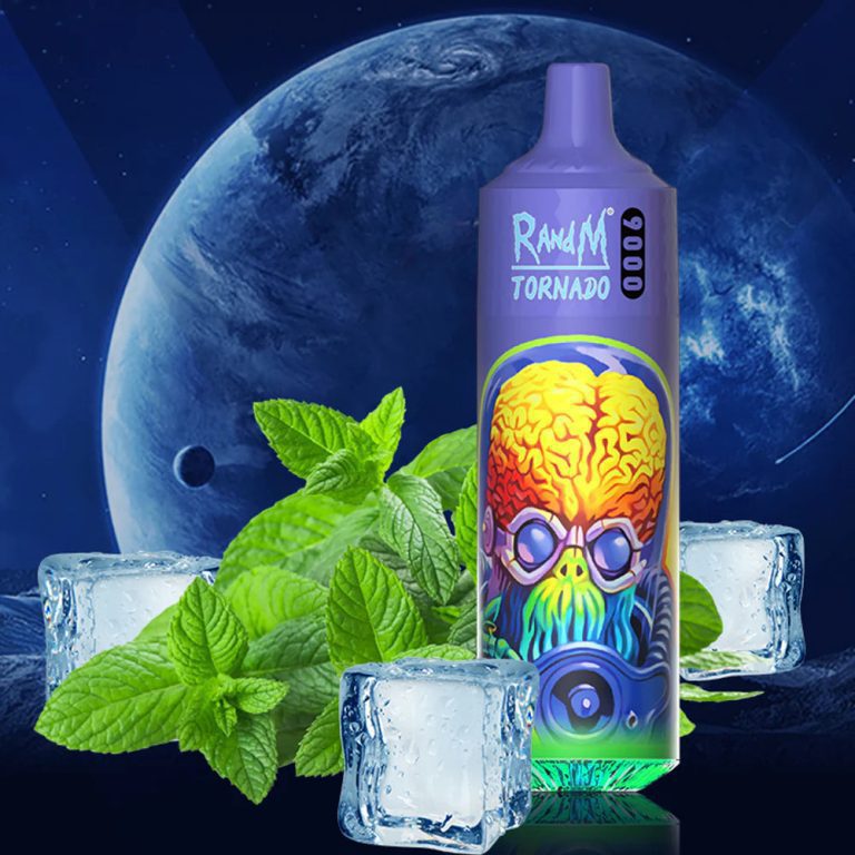RandM Tornado 9000 mint ice flavor vape with neon alien head, ice cubes, and mint leaves on a space-themed background