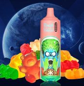 RandM Tornado 9000 disposable vape in gummy bear flavor with neon alien design and colorful gummy candies on a space background