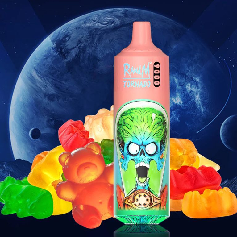 RandM Tornado 9000 disposable vape in gummy bear flavor with neon alien design and colorful gummy candies on a space background