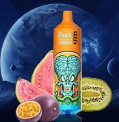 RandM Tornado 9000 disposable vape in tropical guava, kiwi, and passionfruit flavor with orange alien design and space background