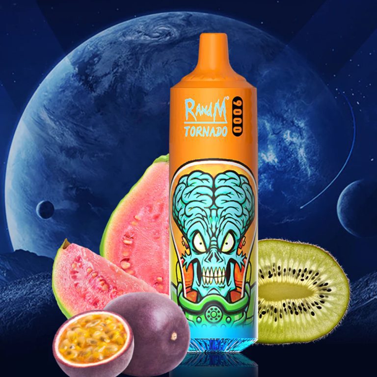 RandM Tornado 9000 disposable vape in tropical guava, kiwi, and passionfruit flavor with orange alien design and space background