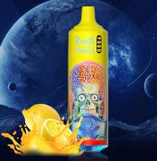RandM Tornado 9000 yellow vape with lemon splash and alien brain design on cosmic background