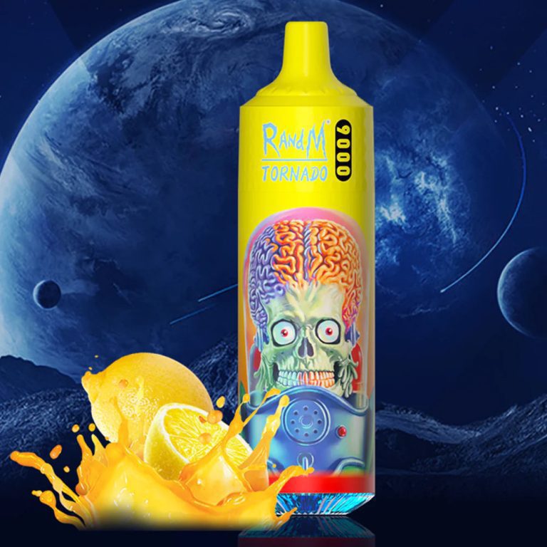 RandM Tornado 9000 yellow vape with lemon splash and alien brain design on cosmic background