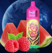 RandM Tornado 9000 disposable vape in bright pink with glowing alien head and fresh watermelon and raspberry fruits on a space background