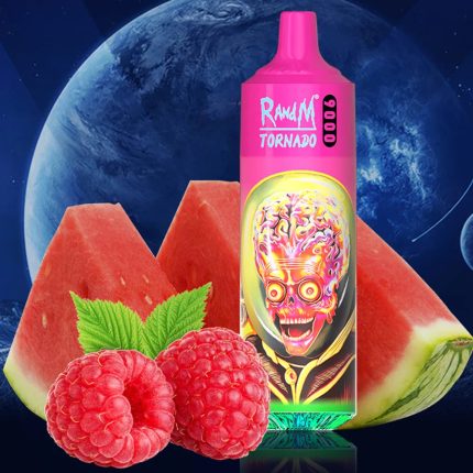 RandM Tornado 9000 disposable vape in bright pink with glowing alien head and fresh watermelon and raspberry fruits on a space background