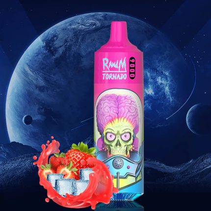 RandM Tornado 9000 pink vape with alien skull design, surrounded by strawberries and ice splash in space background
