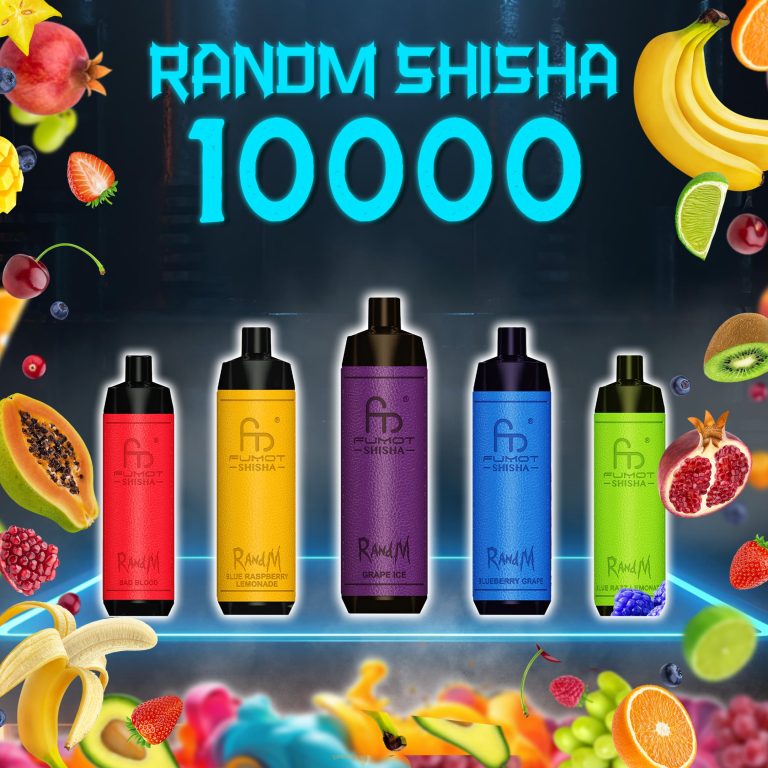 Assorted RandM Shisha 10000 disposable vapes in vibrant colors with fruit splash background