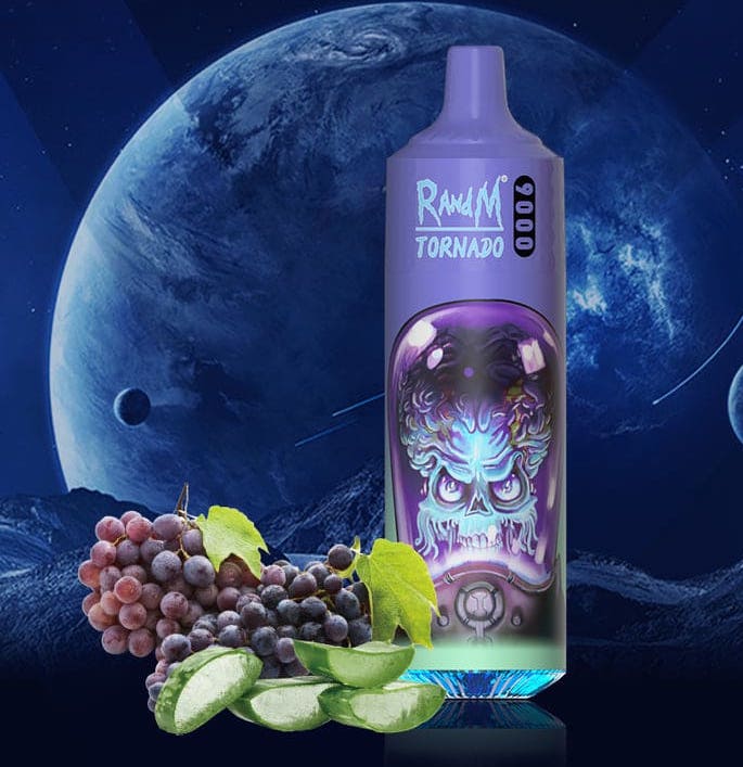RandM Tornado vape with skull alien design in purple, surrounded by grapes and aloe vera slices, with a cosmic background