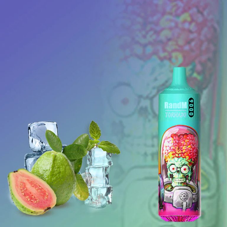 RandM Tornado 9000 turquoise vape with a vibrant alien design, placed beside fresh guava fruit, mint leaves, and ice cubes
