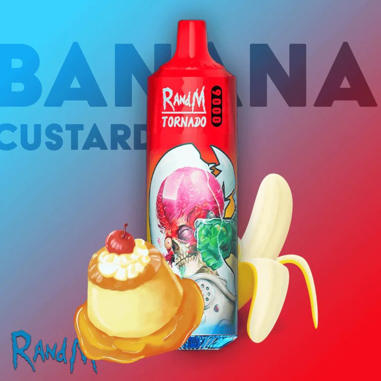 RandM Tornado 9000 puff red vape featuring a cracked alien design with banana and custard dessert flavor visuals