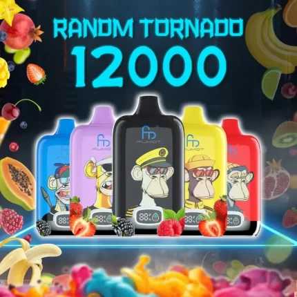 Random Tornado 12000 vape devices in various colors with a fun monkey design, surrounded by a variety of fresh fruits like bananas, strawberries, and berries.