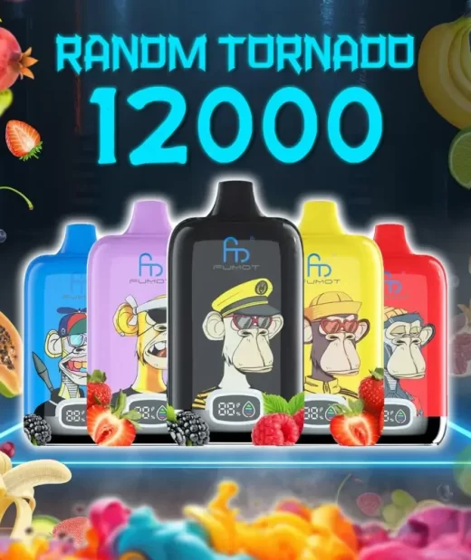 Random Tornado 12000 vape devices in various colors with a fun monkey design, surrounded by a variety of fresh fruits like bananas, strawberries, and berries.