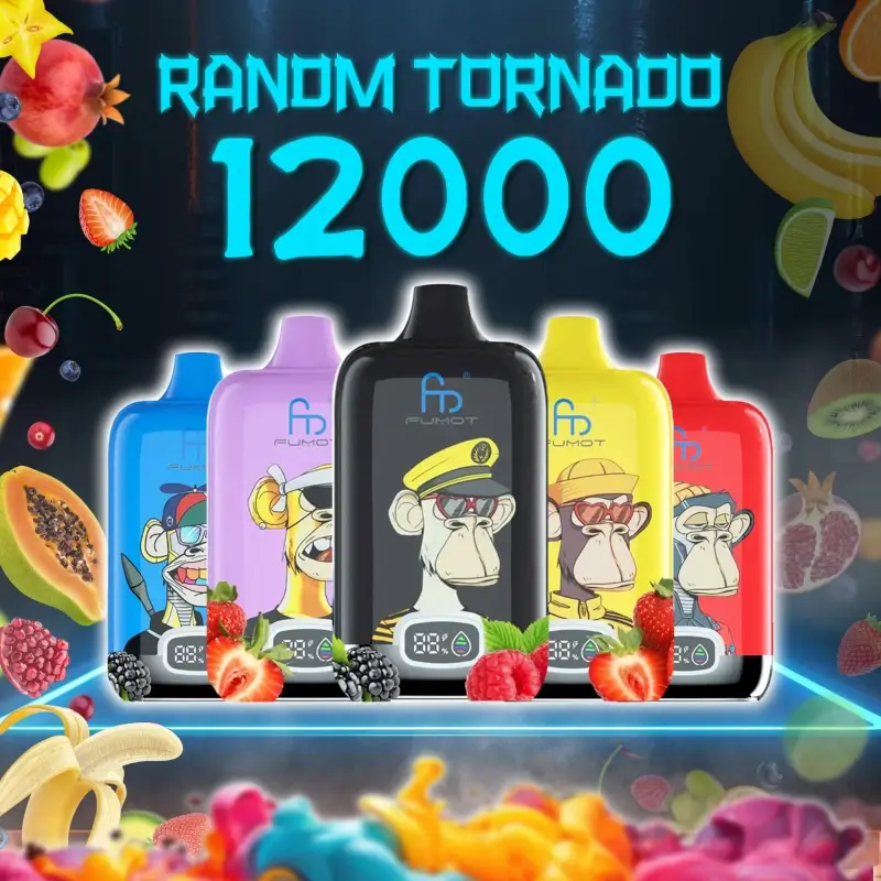 Random Tornado 12000 vape devices in various colors with a fun monkey design, surrounded by a variety of fresh fruits like bananas, strawberries, and berries.