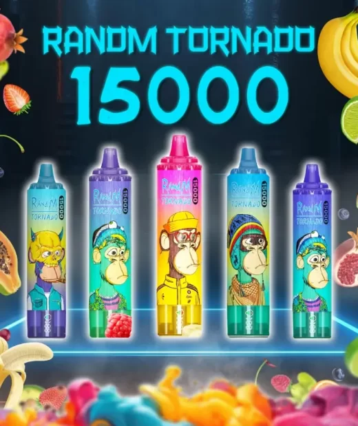 RandM Tornado 15000 disposable vapes featuring colorful Bored Ape designs with vibrant fruity background