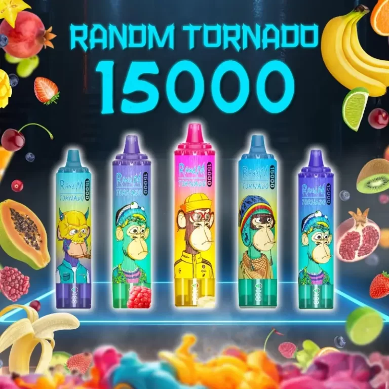 RandM Tornado 15000 disposable vapes featuring colorful Bored Ape designs with vibrant fruity background