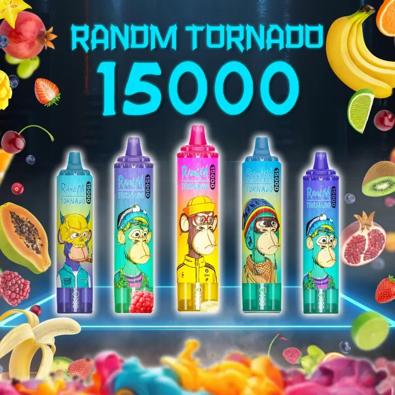 RandM Tornado 15000 disposable vapes featuring colorful Bored Ape designs with vibrant fruity background