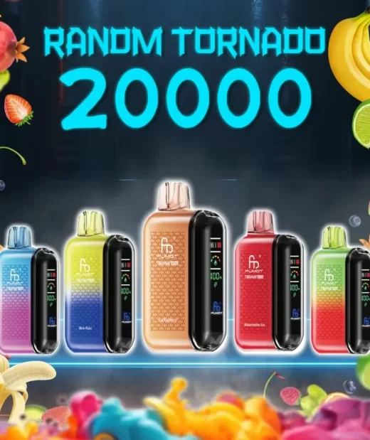 Lineup of RandM Tornado 20000 disposable vapes in multiple colors and flavors with fruit splashes in the background